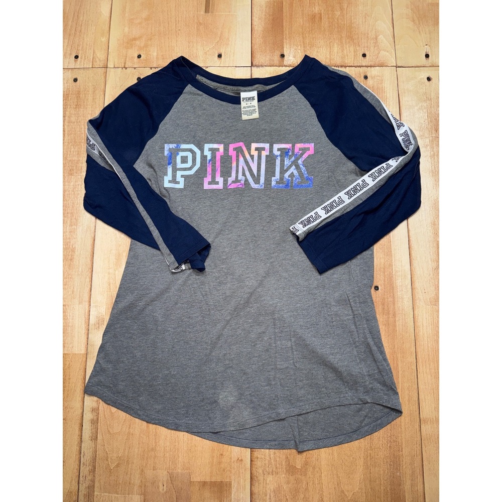 PINK Victoria's Secret Gray Navy Raglan Sleeve Graphic T Shirt Womens Medium